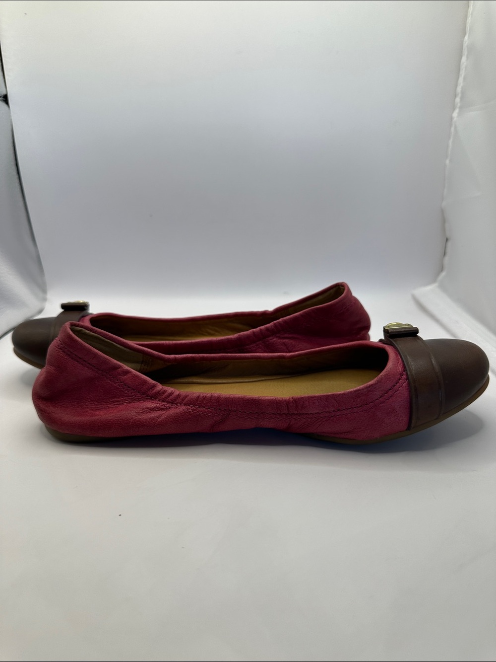 Coach Pink Fabric and Brown Leather Cap-Toe Ballet Flats with Gold Accent - Picture 7 of 11